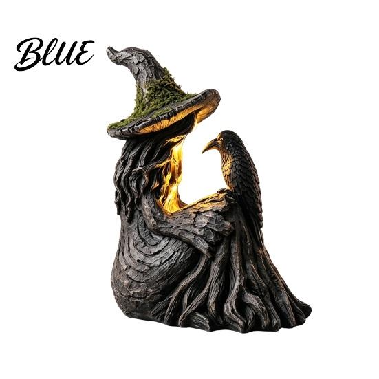 Dark Fairy Tale Resin Ornaments Luminous Witch & Raven Figurine with Mossy Tree Texture Gothic Unique Craft Gifts Statue LED Light for Halloween Home