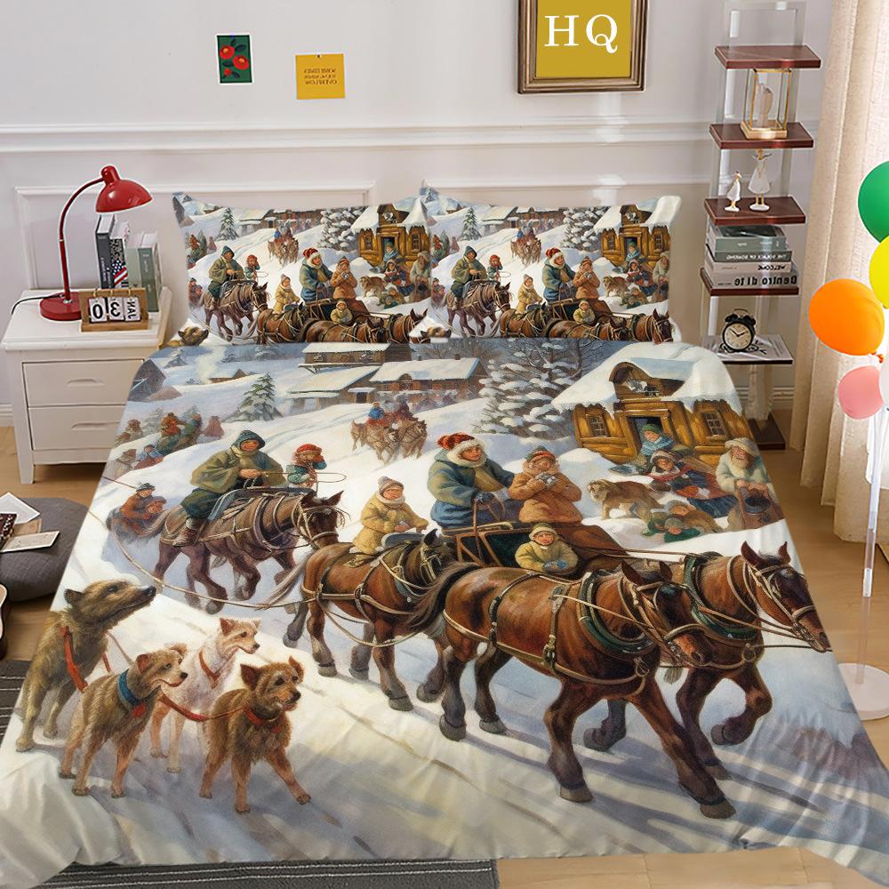 Christmas Carriage Snow Scene 3D Printed Polyester Pillowcase Quilt Cover Two Or Three-Piece Set Can Be