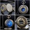 Pocket Watch Hollow Blue Starry Design Roman Numerals Vintage Quartz Pocket Watch with Chain Men's Pocket Watch