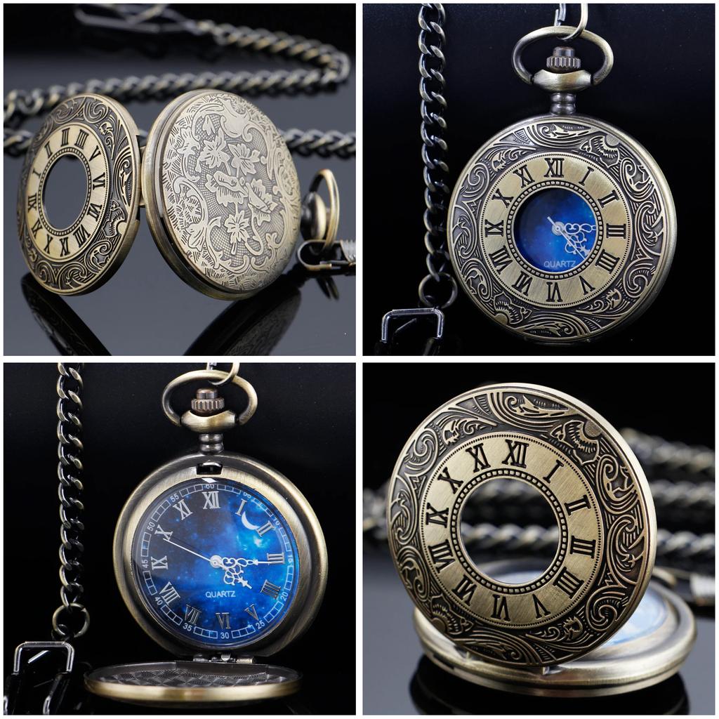 Pocket Watch Hollow Blue Starry Design Roman Numerals Vintage Quartz Pocket Watch with Chain Men's Pocket Watch