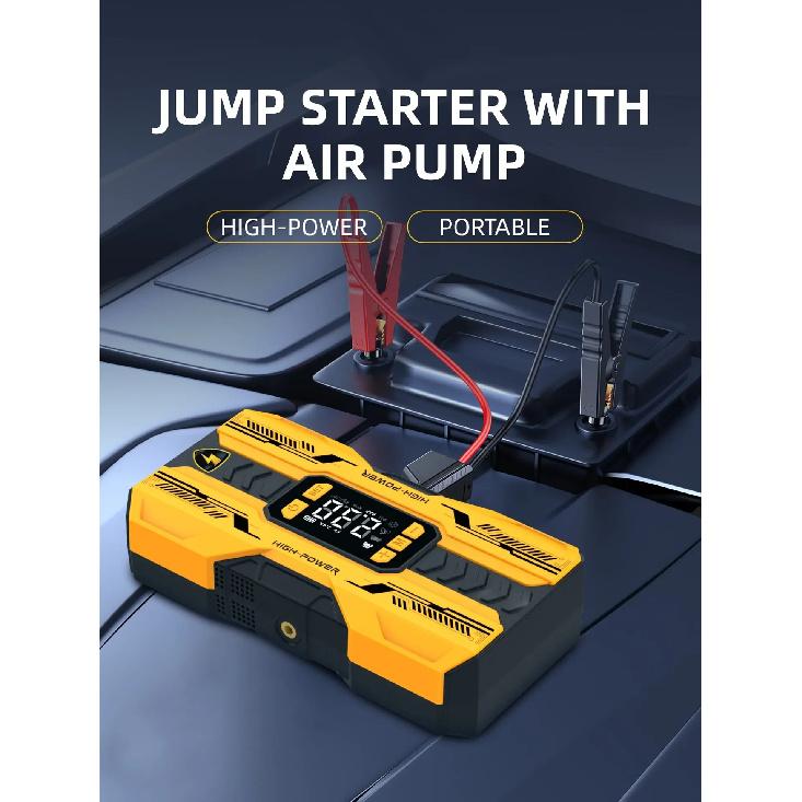 4-in-1 Car Jump Starter Power Bank with Air Compressor, 12V Portable Battery Booster for Auto Motorcycle LED Light & USB