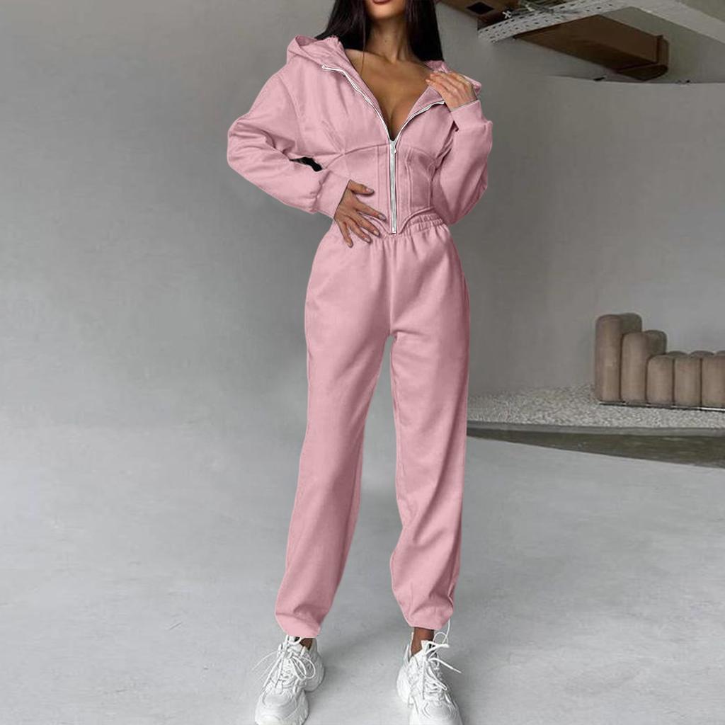 Women's Color Waist-cinching Hooded Sweatshirt And Pants Set, Sporty Casual Two-Piece Set