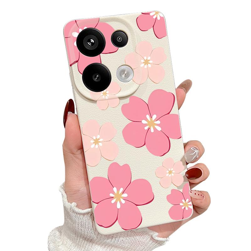 Fresh Style Cherry Blossom Pattern Case For Xiaomi 14T 13T 11T Pro Funda Redmi Note 14 13 Pro 5G 12 11 Leather Texture Silicone Cover