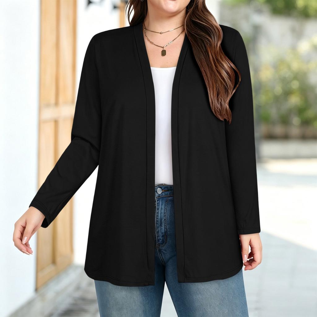 Women's Plus Size Soft Milk Silk Cardigan with Three-Quarter Sleeves and Pockets for Casual Everyday Wear