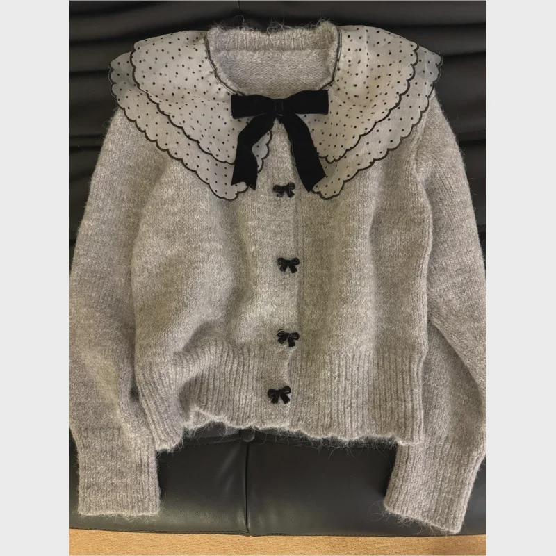 Women's Cozy Gray Knit Cardigan with Doll Collar - Korean Autumn/Winter Style