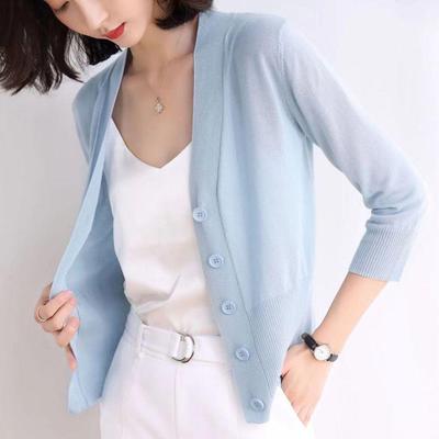Lightweight Women's Spring/Summer Cardigan: Three-Quarter Sleeve Knit Sweater Jacket with Shawl - Ice Silk, Perfect for Sun Protection