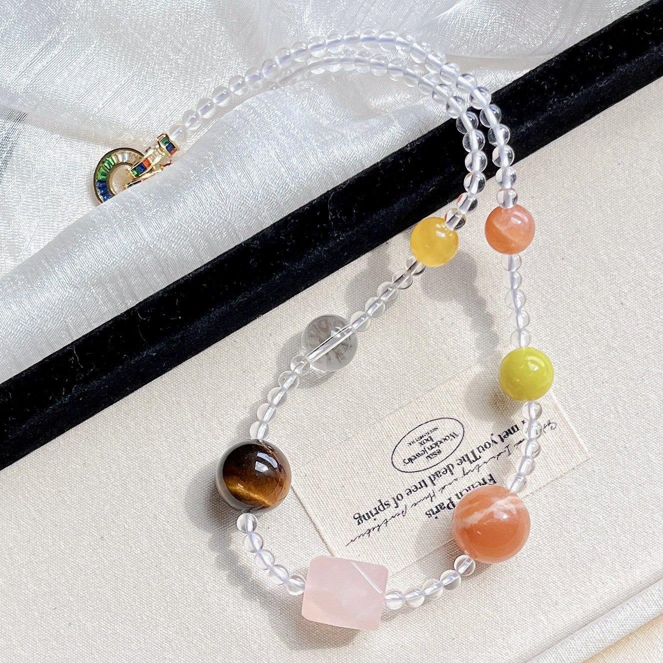 High Quality Ice-Through Natural White Crystal Powder Crystal Citrine Tiger S Eye Stone Beeswax Duobao Necklace Collarbone Chain