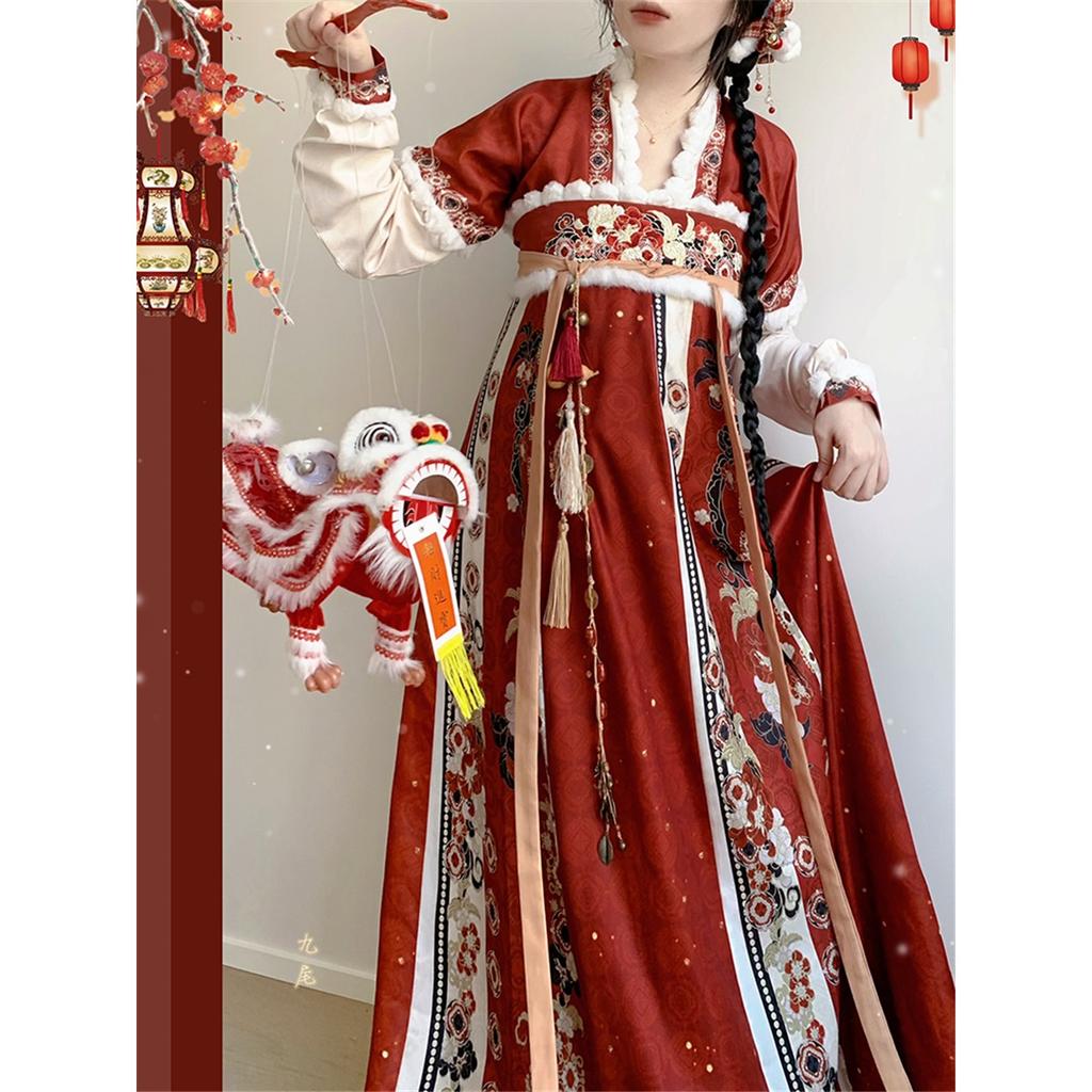 Chinese Tang Dynasty Style Hanfu Gives Women A Chest Length One-piece Skirt  With Velvet Daily Winter Suit
