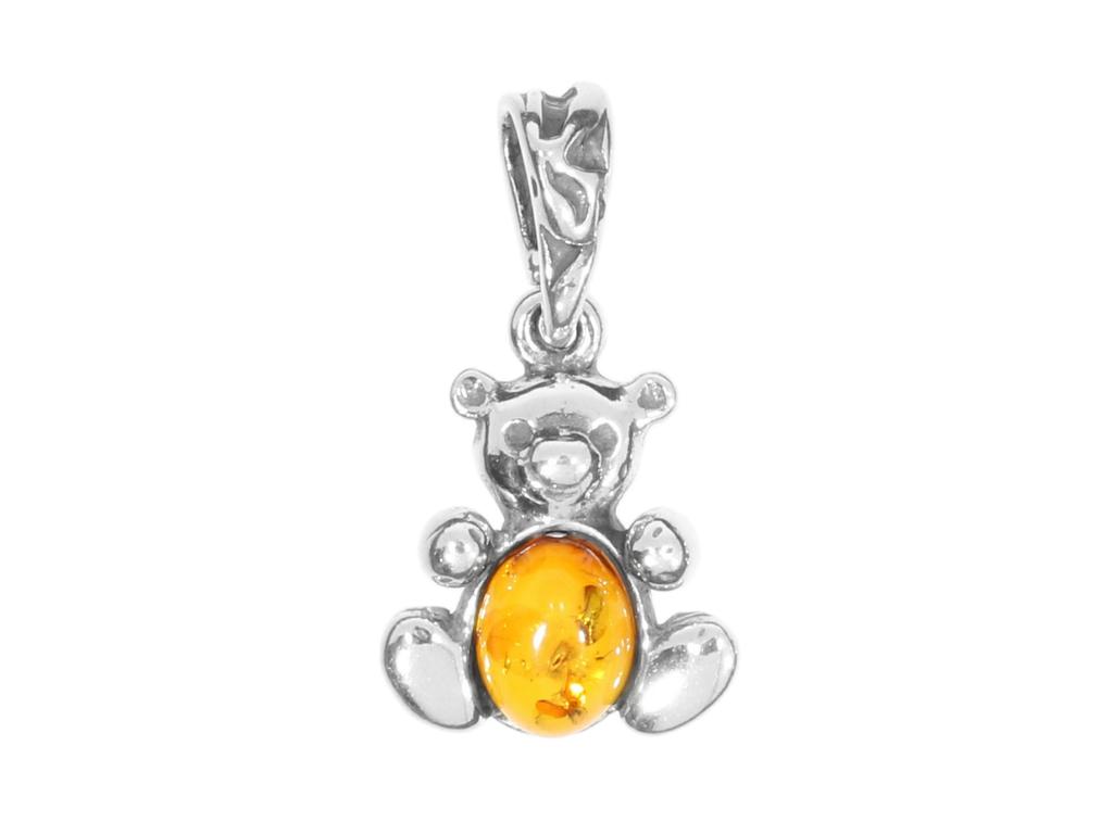 Short Silver Women' Necklace with Teddy Bear, Oxidized Teddy Bear with Amber 42