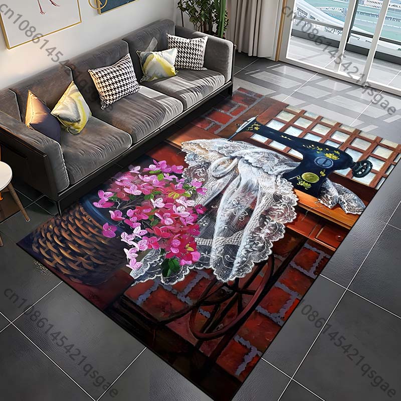 Retro sewing machine poster Pattern Rug Carpet for Living Room Bathroom Mat Creative Doormat Carpet for Bedroom Home Decor