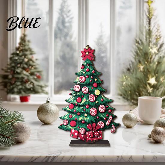 Unique Holiday Tree Ornaments 2D Wooden Christmas Tabletop Ornaments Xmas Santa Colorful Room Snowman Sign with Stand Party Decorations Stable Base
