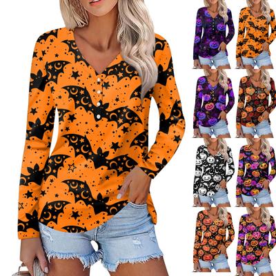 Damen Casual Fashion Sexy Comfort Halloween Bedruckter V-Ausschnitt Knopf Langarm
