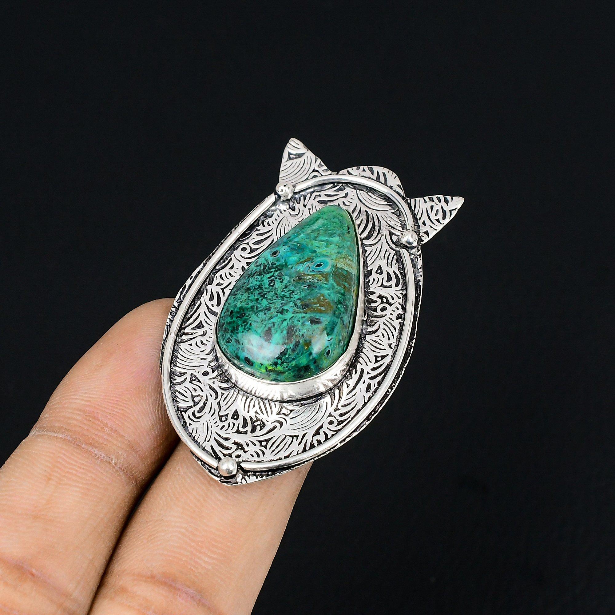 Natural Chrysocolla Gemstone Promise Green Ring Size 6.5 925 Sterling Silver 6.5