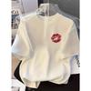 T-shirt Manches Courtes Col Rond Imprimé Lèvres Rouges Casual Unisexe Blanc Manches Courtes Mode Minimaliste Style Harajuku