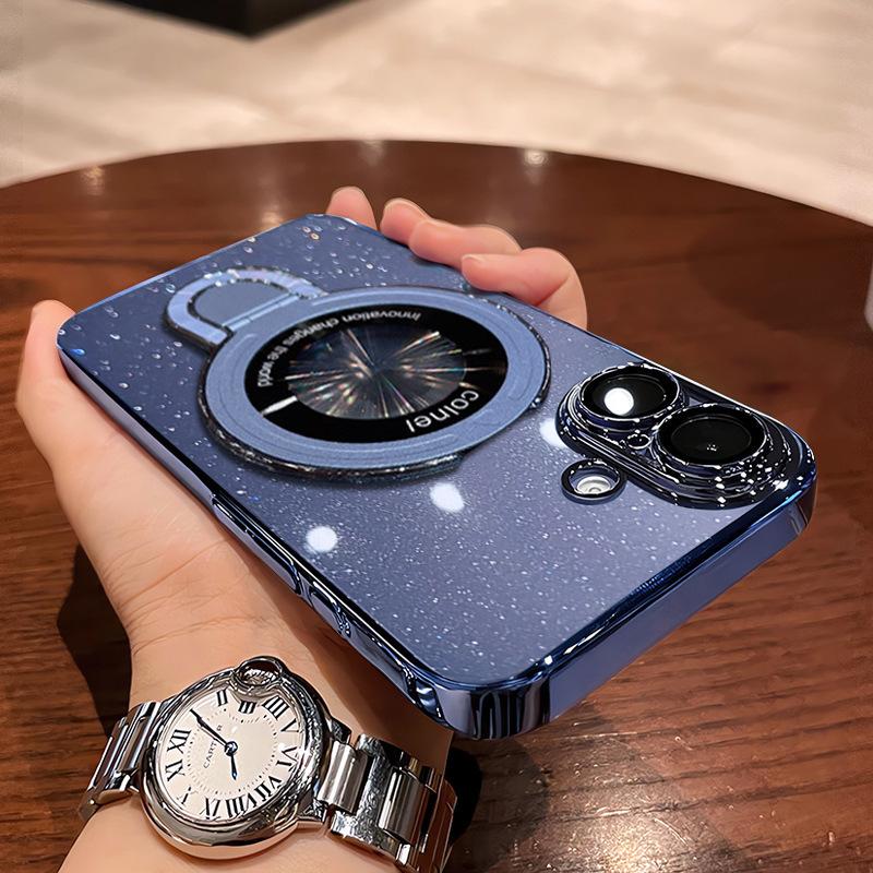 Suitable for IPhone 16 Mobile Phone Box Fulcrum Electroplated Star Sky Magnetic Suction Bracket Apple 15 Transparent All-inclusive Hard Cover