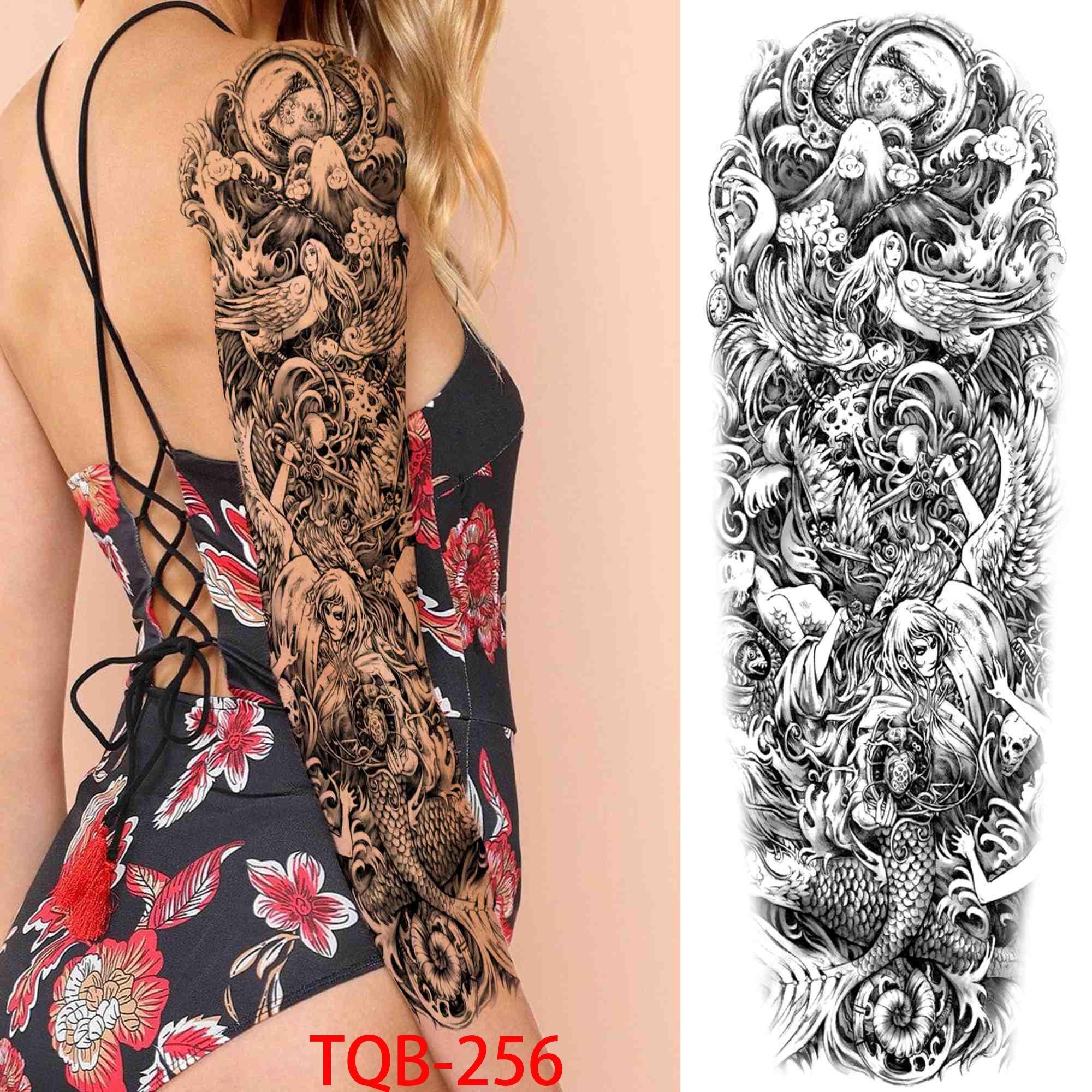 

1 шт. 480*170 мм. Повна рука. Тимчасові татуювання. Наклейка. Тотемний механік. Реалістична підробка. Чорний великий пістолет. Роза. Татуювання на половину рукава для жінок, чоловіків TQB-256