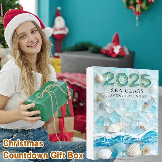 Adventní kalendář Vánoční strom z mořského skla 2025 24 dní Odpočítávání svátků s mini ozdobami z mořského skla Dekorace vánočního stromku s oceánskou tématikou