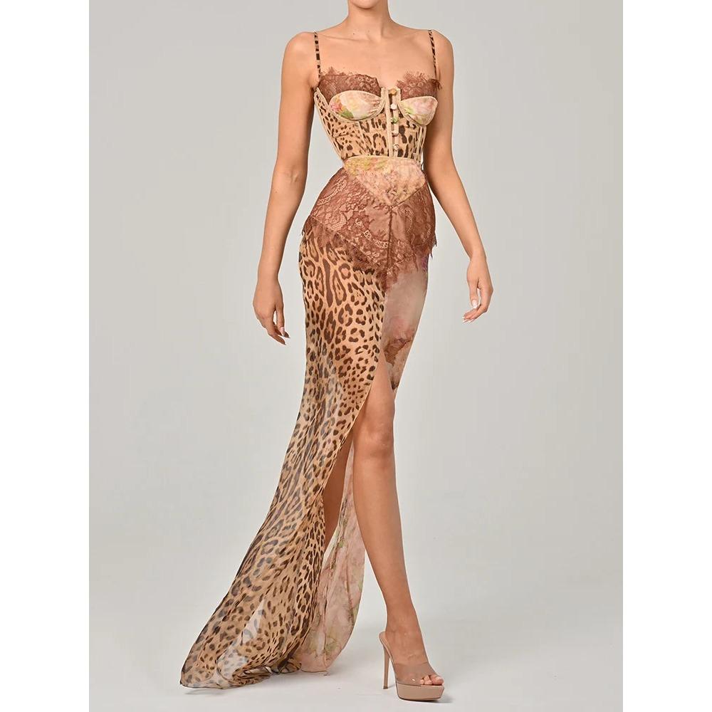 Leopard Print LaAe Split Sexy Maxi Dress Women Gown Elegant Patchwork Chiffon Sleeveless Backless Beach Evening Dress