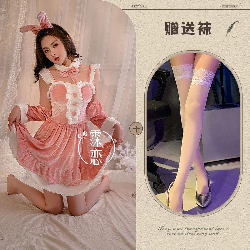 Sexy Underwear Velvet Christmas Cos Bunny Uniform Suspender Dress Women's Bed Nightgown Set