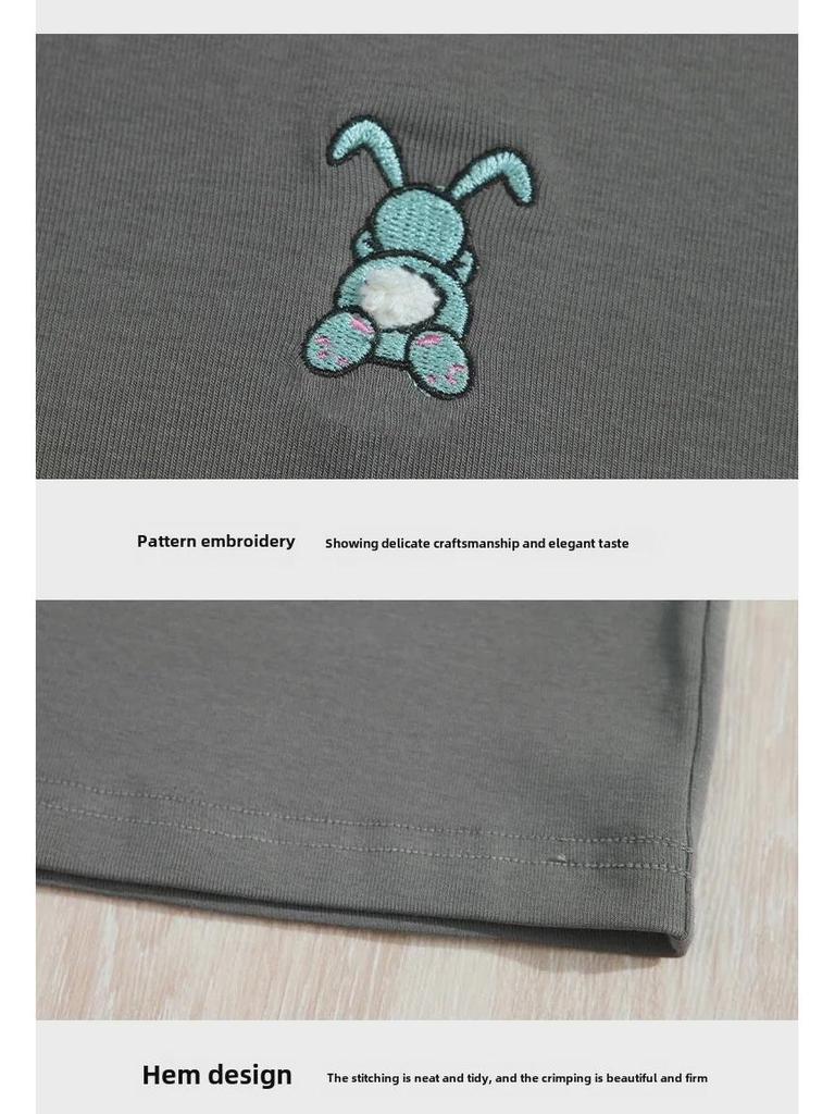 Damen 2024 Herbst Slim Fit Baumwolle Langarm Rundhals Besticktes Oberteil