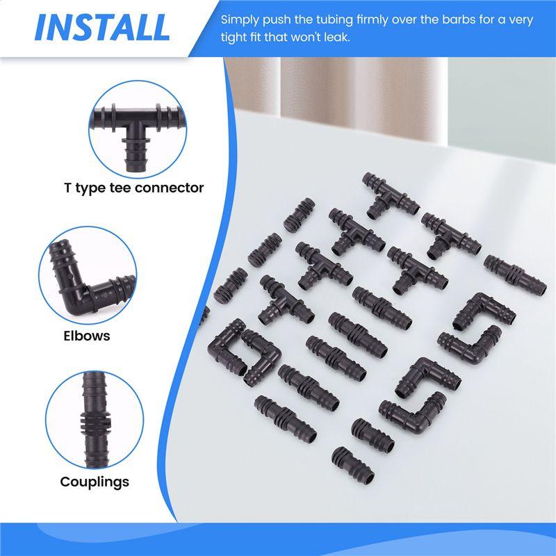 A84X-Irrigation Fittings Kit For Drip Tubing -6 Tees, 6 Couplings, 6 Ends, 6 Elbows - 16Mm Compatible Drip Sprinkler Systems