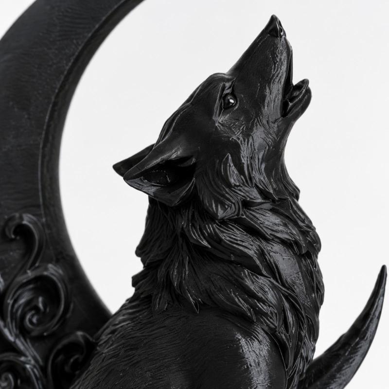 3D Printed Wolf Sculpture with Visible Layered Texture, Moon and Scrollwork Composition for Animal-Themed Entryway or Living Room Decors