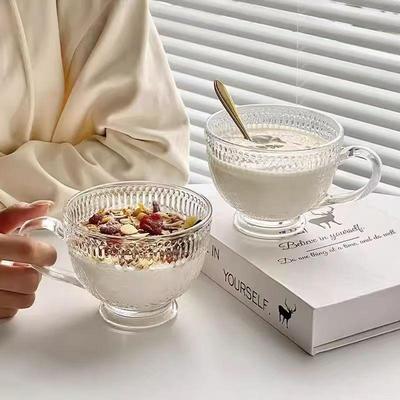 Retro Sunflower Stripe Glass Cup for Oatmeal & Milk, Large Capacity with Handle
