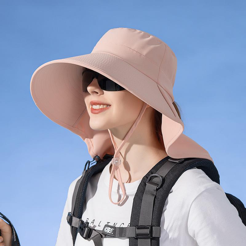 Big Eaves Shawl Sunscreen Hat European and American Bucket Hat Fashion Sun Hat Summer Outdoor Hat with Ponytail Hole Women