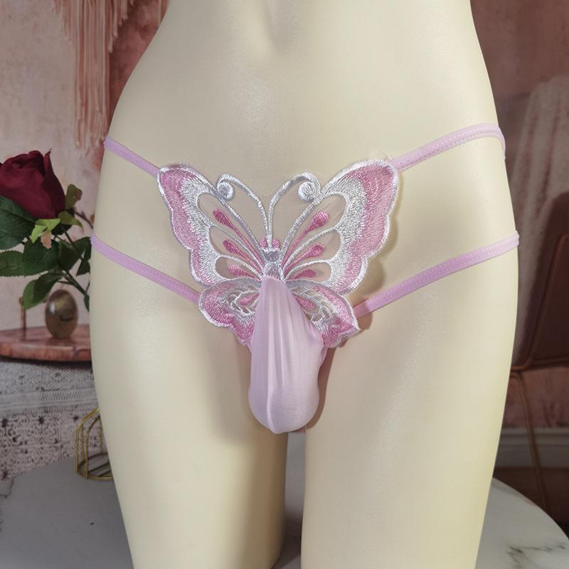 Large Size Sissy Pouch Panties Men Bullet Separation Brief Butterfly Embroidery Transparent Underwear Couple Tranparent Lingerie