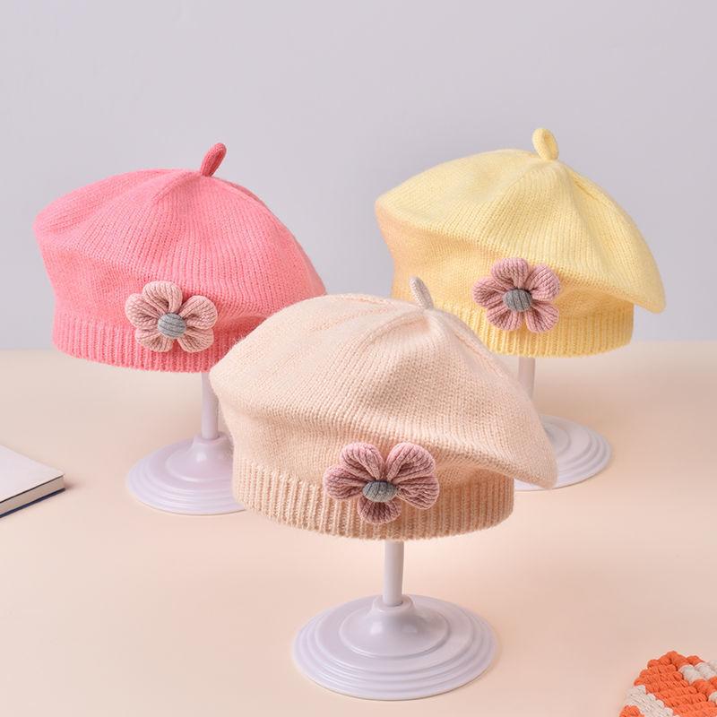 Winter Baby Girls Knitted Flower Bell Hat Cotton Sun Protection Windproof Multi Color Infant Beret for Toddler