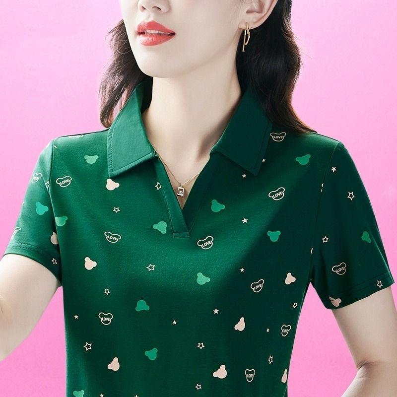 Mom Summer T-shirt Short-sleeved Women's New Lapel Polo Collar Trouser Sport Top