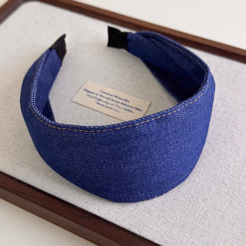 Корейский стиль синий джинсовый клетчатый ободок: Универсальная повязка на голову с широкими полями для дополнительного объема