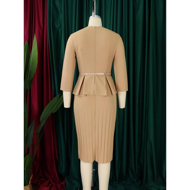 Women V Neck High Waist Solid Pencil Midi Office Commuting Dress