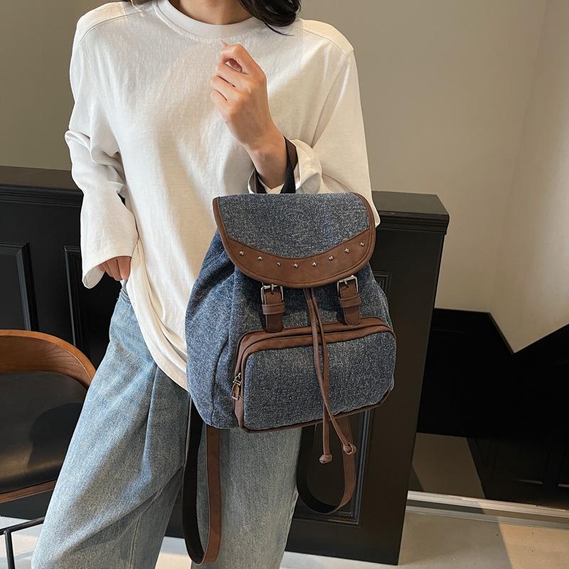 Schoolbag Women's Black New Denim Small Cover Backpack Japanese And Korean Simple Daily Commuting Large-Capacity Backpack