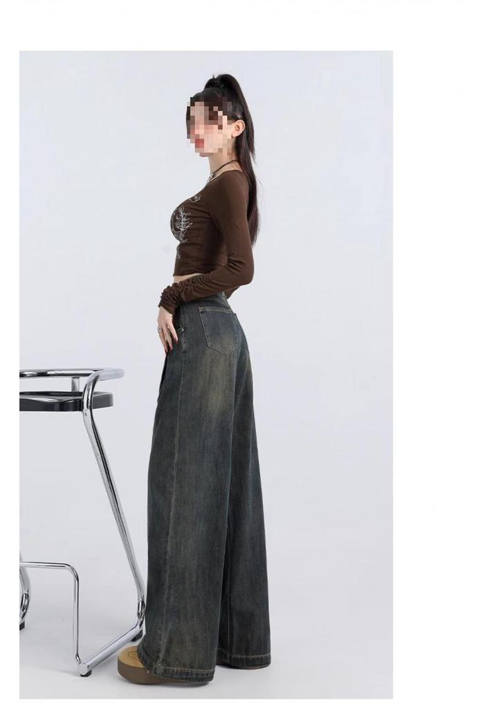 Women's Cement Gray High-Waisted Wide-Leg Jeans - Autumn Winter Retro Style, Petite Loose Fit