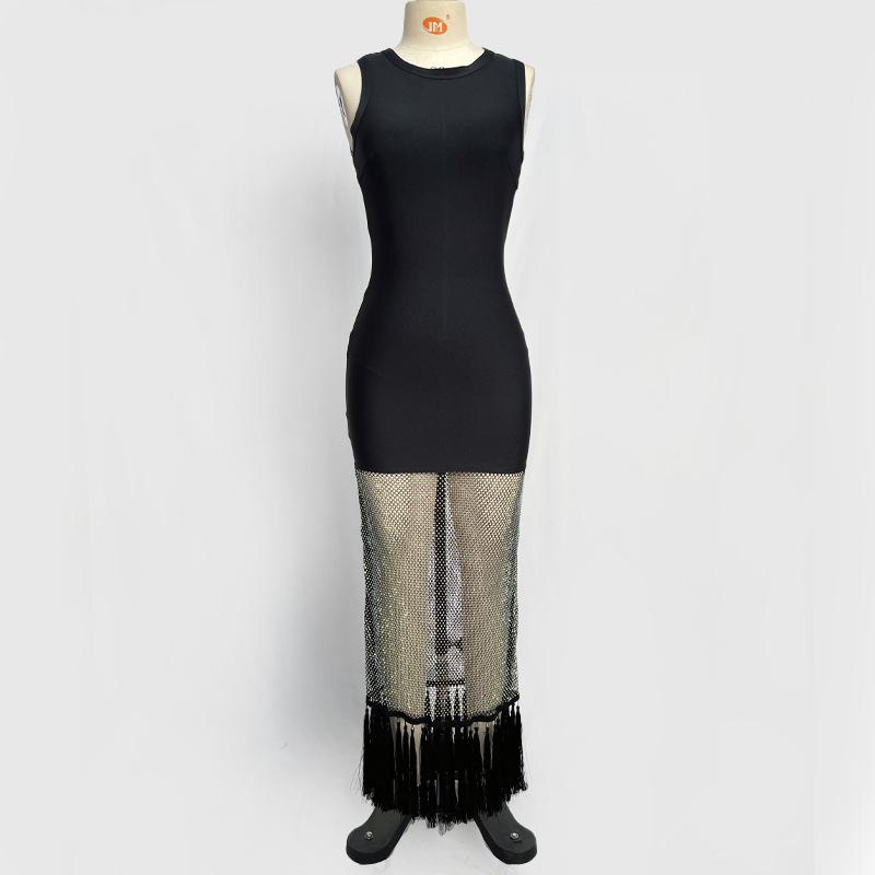 Women's French Vacation Style Tassel Hem Mesh Diamond Bandage Dress