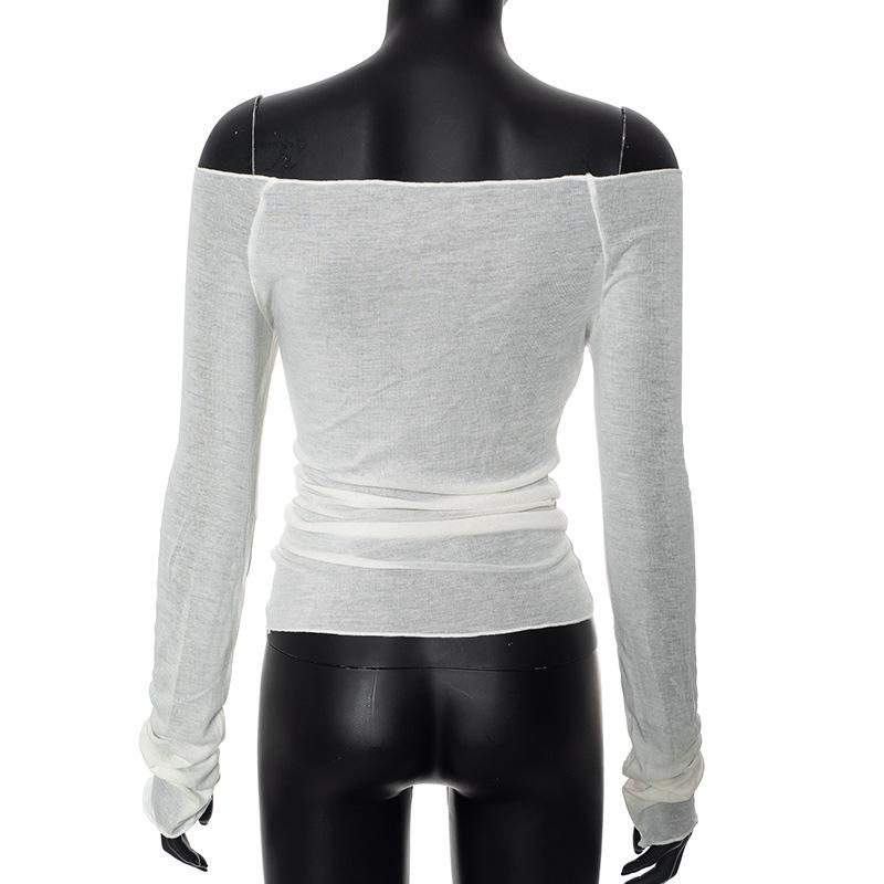 Y23TP642 Europäisch-Amerikanisches Mesh-Strick Ein-Schulter Print Durchsichtig Damen Top.