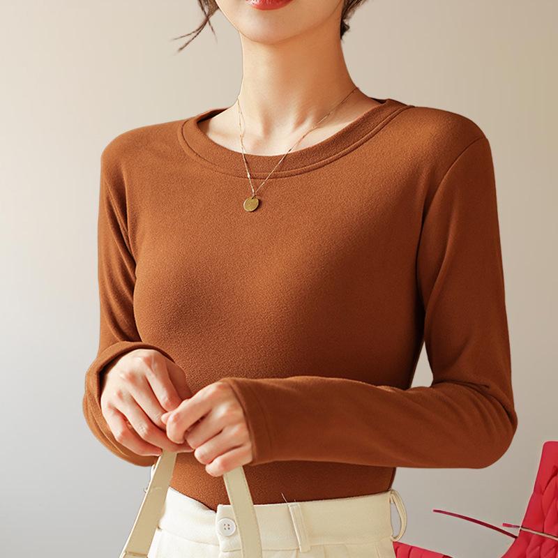 

Женская приталенная футболка с длинным рукавом из двухстороннего немецкого вельвета - Стильная, теплая, универсальная одежда для осени/зимы. M [suitable for 90-120 jin]