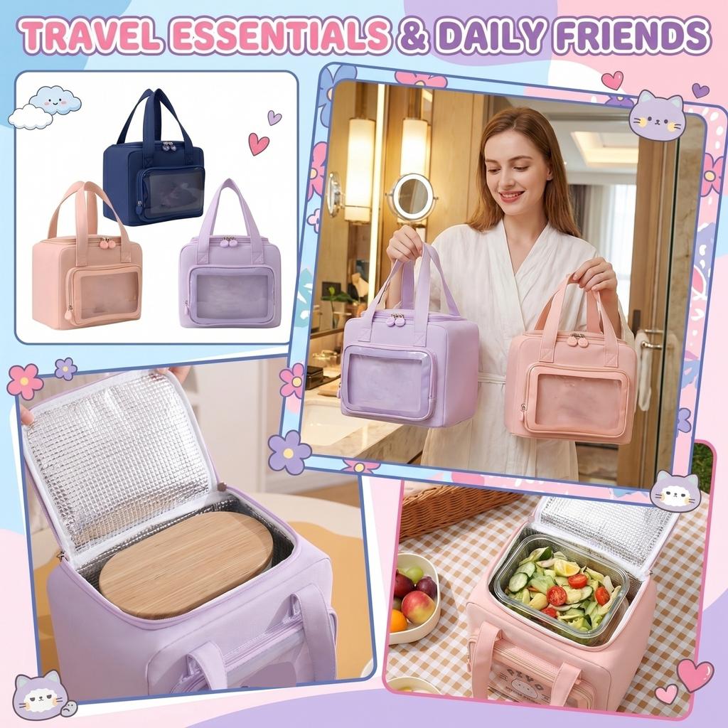 Insulated Lunch Bag Portable Bento Box Carrier with Double Handles Large Capacity Thermal Food Storage Bag for Work School Travel