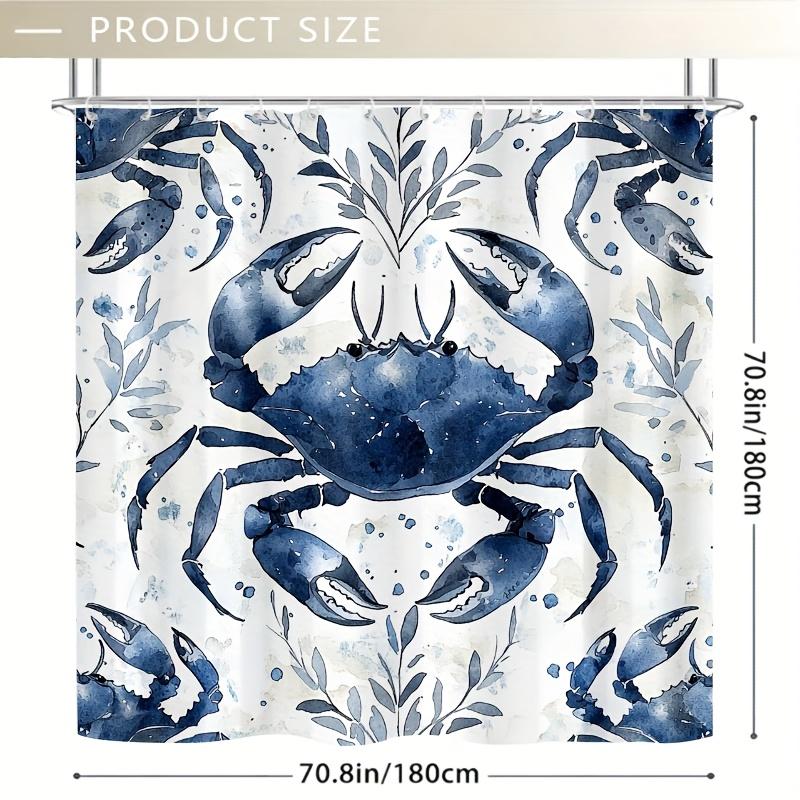 1Pc Blue Gray Crab & Foliage Shower Curtain - 71X71 Inch, Polyester, 12 Hooks, Symmetrical Pattern, Summer Bathroom Decor