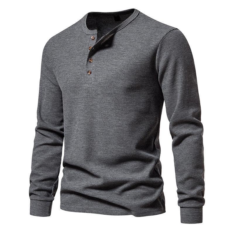 Spring Autumn Waffle Henley T-Shirt Men Basic Breathable Men's Long Sleeve Tops Tees Casual Solid Color Button T Shirts