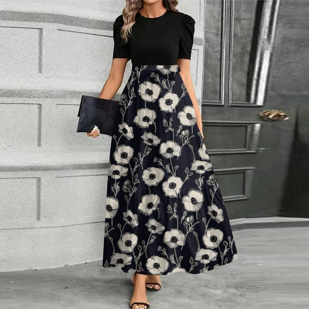 Women's Fashionable Casual Belt Short Sleeved Round Neck Print Elegant Temperament Dress