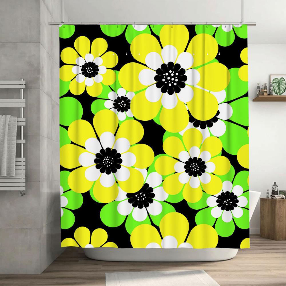 Bright Yellow White Black Floral Shower Curtain Bold Beautiful Bathroom Decor For Kids Bathrooms Modern Design Made With Eco-Fri