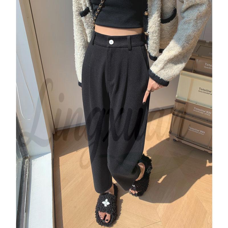 Women s High Waist Woolen Pants - Autumn/Winter 2026 Straight Leg Harem Style S