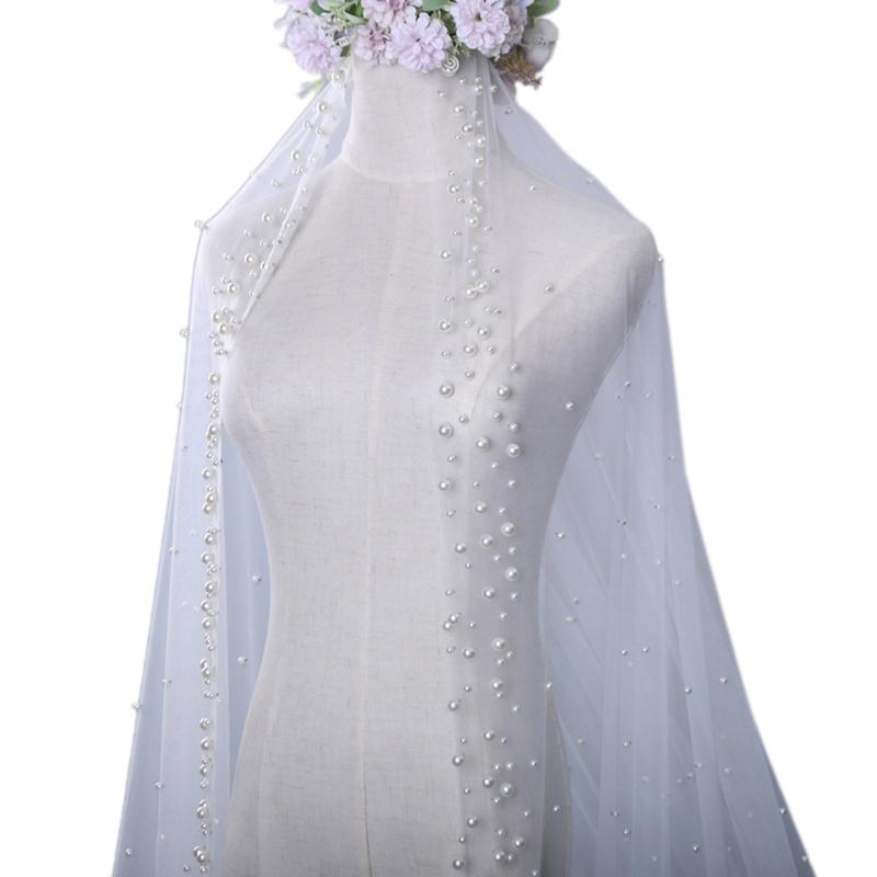 

Wedding Bridal Veil Cut Edge Hair Accessories for Bride Single Layer Sheer Tulle 118 Pearls Embellished Chapel Veils 1