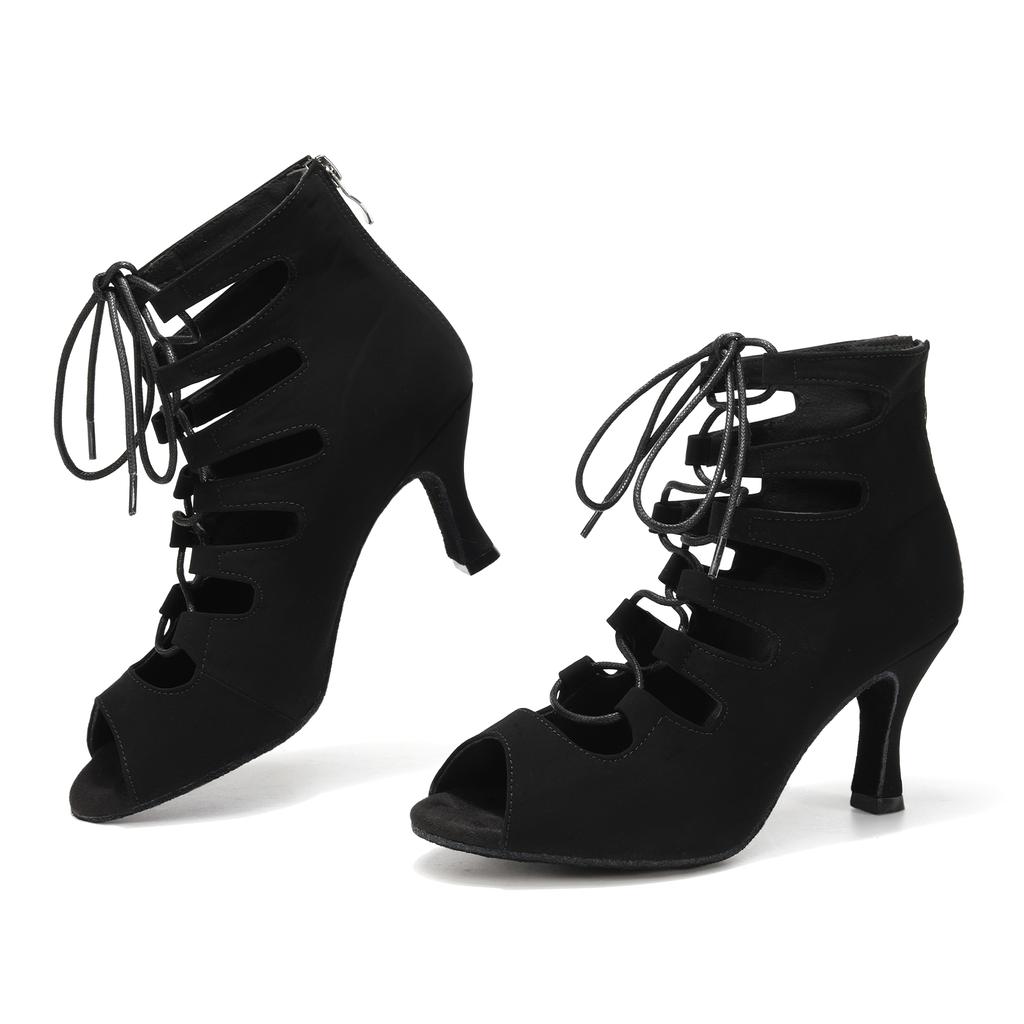 Stivaletti Da Ballo Donna Con Tacco 9,5 Cm - Punta Aperta, Lacci, Suola In Gomma - Salsa, Bachata, Jazz (Nero/Lucido/Beige)