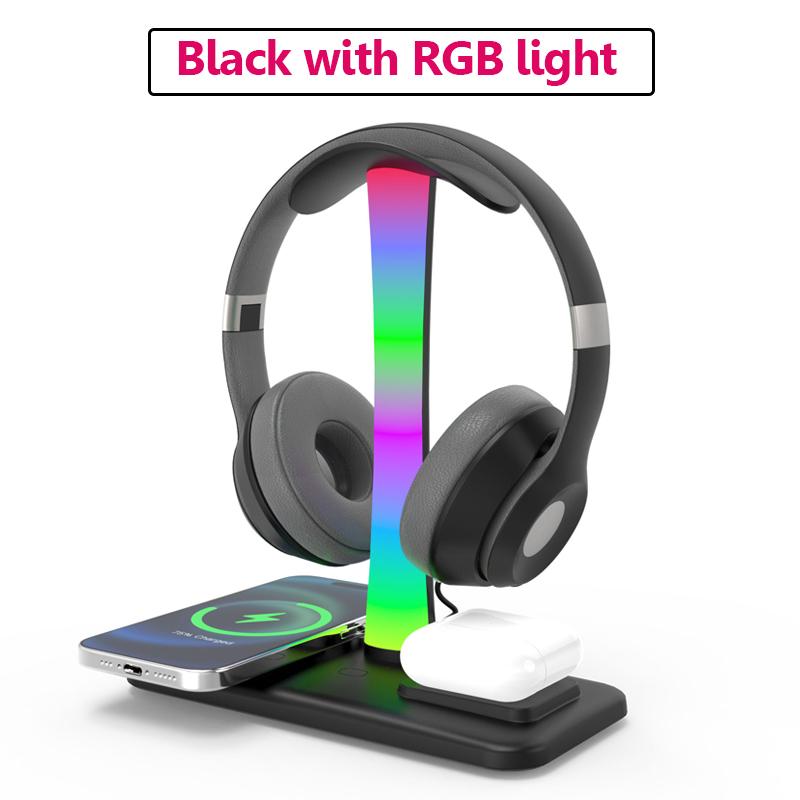 3in1 Headphones Stand Wireless Charger RGB Atmosphere Light Gaming Headset Bracket Mobile Phone Bluetooth Earphone Charging Dock