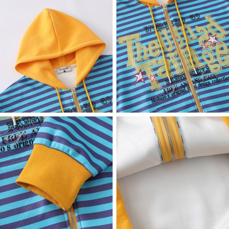 American Vintage Striped Zip Up Hoodie Men Women Loose Fit Casual Sweatshirt With Print