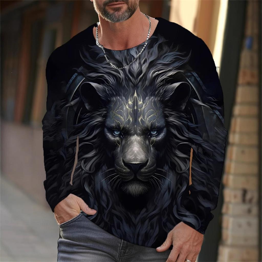 Autumn and Winter Men's Animal 3D Printed Crew Neck Long Sleeve T-Shirt