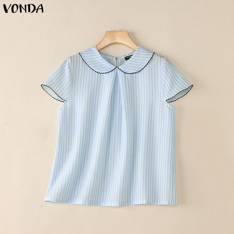 VONDA Summer Women Striped Print Casual Short Sleeve Blouse T-shirts